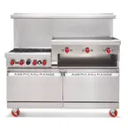 image of American Range AR-6B-24RG-CL-126R 60" Gas Restaurant Range w/ (6) Open Burners, (1) 24" Raised Griddle/Broiler, (1) Standard Oven, (1) Convection Oven, 297.000 BTU