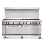 image of American Range AR-8B-24RG 72" Gas Restaurant Range w/  (8) Open Burners, (1) 24" Raised Griddle/Broiler, (2) Standard Ovens, 366.000 BTU