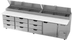 image of Beverage Air DPD119HC-9 119" 4-Section Refrigerated Pizza Prep Table w/ 9 Drawers & 1 Door