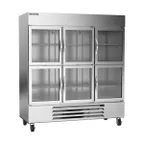 image of Beverage Air HBR72HC-1-HG 75" 3-Section Reach-In Refrigerator w/ 6 Glass Half Doors, Bottom Mount, 1/2 hp, 69 cu. ft.