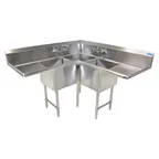 image of BK Resources BKCS-3-18-14-24TS 63" 3 Compartment Corner Sink, 18"W x 18"L Bowl - Stainless Steel