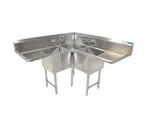 image of BK Resources BKCS-3-24-14-24T 75" 3 Compartment Corner Sink, 24"W x 24"L Bowl - Galvanized