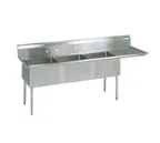 image of BK Resources BKS-3-24-14-24RS 98" Three Compartment Sink, 24"W x 24"L Bowl w/Right-Hand Drainboard