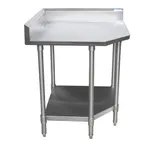 image of BK Resources CVTCR5-2424 32" Open Base Corner Work Table, Stainless Steel Base / 5" Backsplash