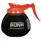 image of BUNN 42401.0103 Decanter - 64 Oz. (2 Qt) Clear Glass, Orange Handle - 3/Case