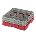 image of Cambro 9S434163 Camrack Glass Rack, Red, Full Size, 19-3/4 x 19-3/4 x 7-1/4, 9 Compartments, 5-7/8 Max Dia, HACCP Compliant, NSF