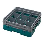image of Cambro 9S434414 Camrack Glass Rack, Full Size, Teal, 19-3/4 x 19-3/4 x 7-1/4, 9 Compartments, 5-7/8 Max Dia, HACCP Compliant