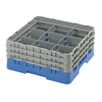 image of Cambro 9S638168 Camrack Glass Rack, Full Size, Blue, 19-3/4" x 19-3/4" x 8-7/8", 9 Compartments, 5-7/8" Max Diameter, HACCP Compliant, NSF