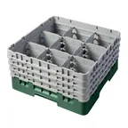 image of Cambro 9S800119 Camrack Glass Rack, Full Size, Sherwood Green, 19-3/4" x 19-3/4", 9 Compartments, 5-7/8" Max Dia, 8-1/2" Max Height, HACCP Compliant