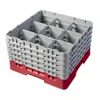 image of Cambro 9S958163 Camrack Glass Rack, Full Size, Red, 19-3/4 x 19-3/4, 9 Compartments, 5-7/8 Max Dia, HACCP Compliant