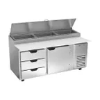 image of Beverage Air DPD72HC-3 72" 2-Section Refrigerated Pizza Prep Table w/ 1 Door & 3 Drawers