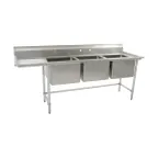 image of Eagle Group S16-20-3-18L 89" Three Compartment Sink, 20"W x 20"L Bowl w/Left-Hand Drainboard