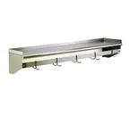 image of Eagle Group WSP1296, 96" Stainless Steel Single Bar Wall Mounted Pot Rack with Shelf and 8 Double Prong Hooks 