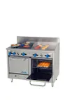 image of Comstock-Castle F3218-24-1RB 48" Gas Restaurant Range w/ (2) Open Burners, (1) 24" Griddle, (1) 12" Charbroiler, (2) Space Saver Ovens, 180.000 BTU