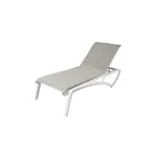image of Grosfillex UT023096 Sunset Chaise Lounge, Stackable, Sling Style, Resin Frame, Glacier White, Beige Fabric