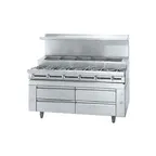 image of Jade JMSS-06-T-72 72" Gas Heavy Duty Range w/ Titan Fire and Ice Saute Station, (6) Open Burners, Refrigerated Rails w/ 10 Pans, 160.000 BTU