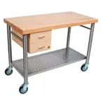 image of John Boos CUCIC04 48" Maple Work Table, 2-1/4" Thick Edge Grain Top, Varnique Finish, Stainless Steel Undershelf & Drawers