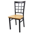 image of JustChair M27118-BLK-SS Solid Wood Seat Restaurant Side Chair, Black Steel Frame, Grid Back