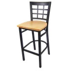 image of JustChair M27130-BLK-SS Bar Stool – Solid Wood Seat, Black 18G Steel Frame, Grid Back, Armless Rest, Black Glides