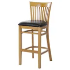 image of MKLD A6239-BS BV Barstool Slat Back, Upholstered Seat, Black Vinyl, Beechwood Frame, Footrest, Plastic Glides