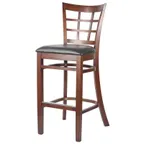 image of MKLD A6290-BS BV Barstool, Grid Back Pane, Upholstered Seat, Black Vinyl, Beechwood Frame, Footrest, Glides
