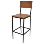 image of MKLD AM831BS Barstool - Distressed Wood Seat & Back, Armless, Black Powder Coat, Metal Frame, Plastic Glides