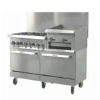 image of IKON IR-6B-24RG-60 60" Gas Restaurant Range w/ (6) Open Burners, 24" Raised Griddle/Broiler, (2) Static Ovens, 306.000 BTU