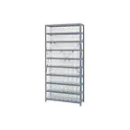 image of Quantum 1275-201CL Heavy-Duty Galvanized Steel 10 Shelf Shelving Unit w/ 72 Clear Bins Capacity 
