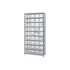 image of Quantum 1275-207CL Heavy-Duty Galvanized Steel 10 Shelf Shelving Unit w/ 36 Clear Bins Capacity 