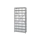 image of Quantum 1275-209CL Heavy-Duty Galvanized Steel 10 Shelf Shelving Unit w/ 27 Clear Bins Capacity 