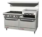 image of Southbend 4606DD-2RR 60" Gas Restaurant Range w/ (5) Open Burners, 24" Raised Griddle/Broiler, (2) Standard Ovens, 302.500 BTU