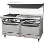 image of Southbend S60DD-3GR 60" Gas Restaurant Range w/ (4) Open Burners, 36" Griddle Right, (2) Standard Ovens, 246.000 BTU 