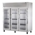 image of True STA3R-3G 77" 3-Section Reach-In Refrigerator w/ 3 Glass Doors, Top Mount, Aluminum Interior-Stainless Floor