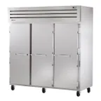 image of True STA3R-3S 77" 3-Section Reach-In Refrigerator w/ 3 Solid Doors, Top Mount, Aluminum Interior-Stainless Floor