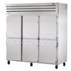 image of True STA3R-6HS 77" 3-Section Reach-In Refrigerator w/ 6 Solid half Doors, Top Mount, Aluminum Interior-Stainless Floor