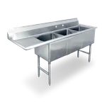 image of Steel Works SWS3C162012-18L-318 68" Three Compartment Sink, 20"W x 16"L Bowl With Left-Hand Drainboard