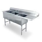 image of Steel Works SWS3C162012-24R-318 74" Three Compartment Sink, 20"W x 16"L Bowl With Right-Hand Drainboard