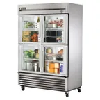 image of True T-49G-4-HC~FGD01 54" Two Section Reach-In Refrigerator w/ 4 Glass Half Doors, Bottom Mount, Stainless Steel Front-Aluminum Sides