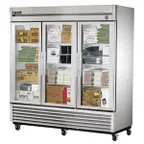image of True T-72FG-HC~FGD01 78" 3-Section Reach-In Freezer, 3 Glass Doors, Stainless Steel Front, 72 cu. ft., Bottom Mounted