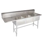 image of Tarrison TA-PS318L-KIT 75" Three Compartment Sink, 18"W x 18"L Bowl With Left-Hand Drainboard