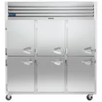 image of Traulsen G30003-032 76" 3-Section Reach-In Refrigerator w/ 6 Solid Half-Doors (hinged left/left/left), Top Mount, 69 cu. ft.