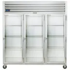 image of Traulsen G32012-032 76" Three Section Reach-In Refrigerator w/ 3 Glass Doors (hinged right/right/right), Top Mount, 70.67 cu. ft.