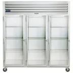 image of Traulsen G32013-032 76" Three Section Reach-In Refrigerator w/ 3 Glass Doors (hinged left/left/left), Top Mount, 70.67 cu. ft.