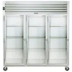 image of Traulsen G32013 76" Three Section Reach-In Refrigerator w/ 3 Glass Doors (hinged left/left/left), Top Mount, 70.67 cu. ft.
