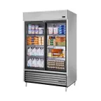 image of True TSD-47G-HC-LD 54" Two Section Reach-In Refrigerator w/ 2 Glass Sliding Doors, Bottom Mount, Stainless Steel Front-Aluminum Sides