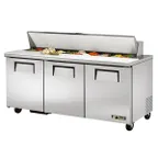 image of True TSSU-72-18-HC 72" Three Section Sandwich / Salad Prep Table w/ 3 Doors, 18 Pans