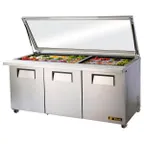 image of True TSSU-72-30M-B-ST-FGLID-HC 72" Mega Top Sandwich/Salad Prep Table w/ 3 Doors, 30 Pans