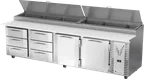 image of Victory VPPD119HC-6T 118" 4-Section Refrigerated Pizza Prep Table w/ 2 Doors & 6 Drawers