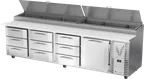 image of Victory VPPD119HC-9 118" 4-Section Refrigerated Pizza Prep Table w/ 1 Door & 9 Drawers