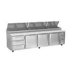 image of Victory VPPD119HC-3 118" 4-Section Refrigerated Pizza Prep Table w/ 3 Doors & 3 Drawers